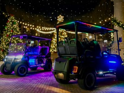 Two colorful golf carts illuminated with festive lights at night.