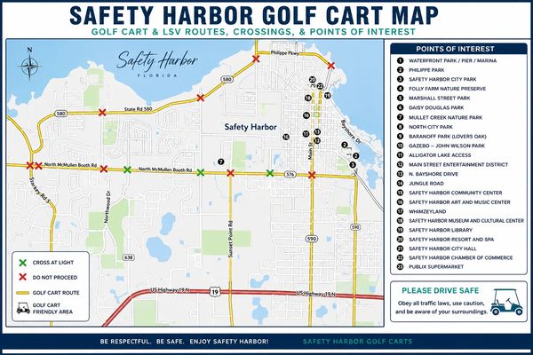 This map is intended as a general reference for golf cart and LSV travel around Safety Harbor. 