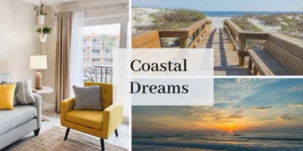 Photo collage of Coastal Dreams living room, beach entrance, and ocean sunrise, St. Augustine Beach