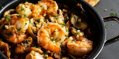 Fresh local seafood including shrimp served at a waterfront restaurant near St. Augustine Beach, Florida.