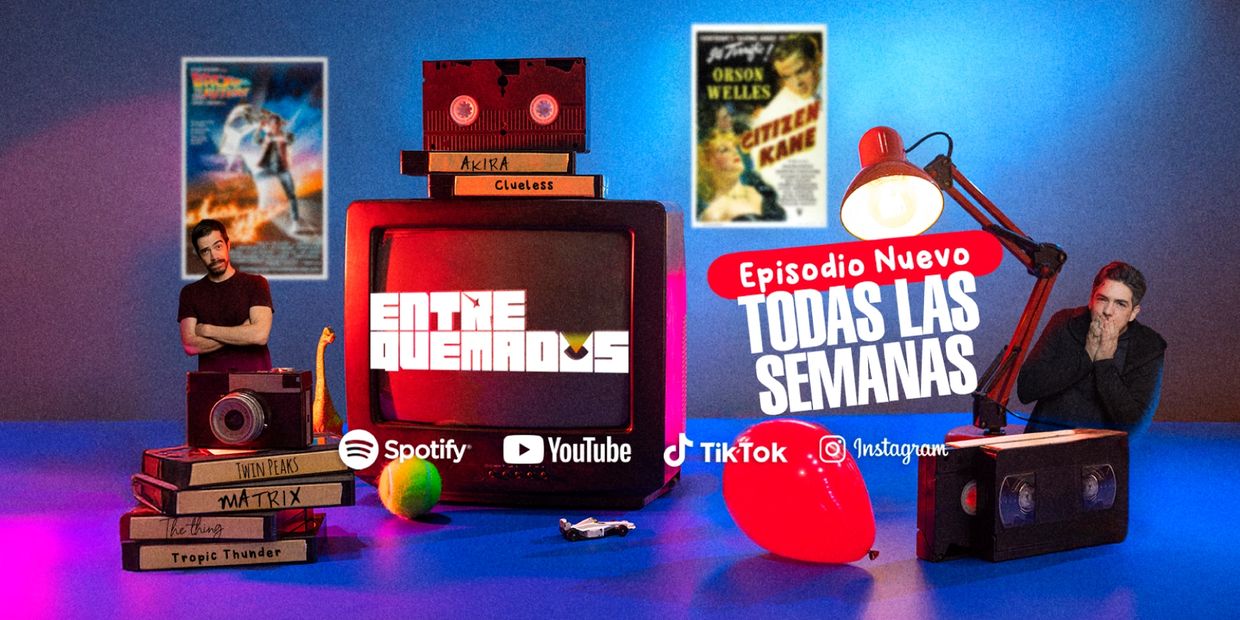 Retro-themed podcast promo with vintage TV, movie tapes, and hosts.