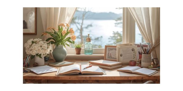A cozy study desk with flowers, books, and stationery by a window with a scenic view.