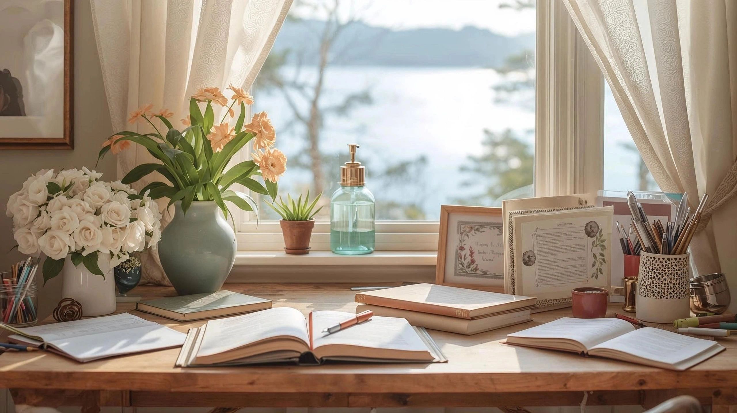 Nana’s desk  with flowers and bible and bible study journal by a window.