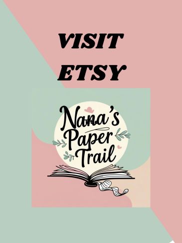 Promotional image for Nana Paper Trail Etsy shop logo. Open planner 