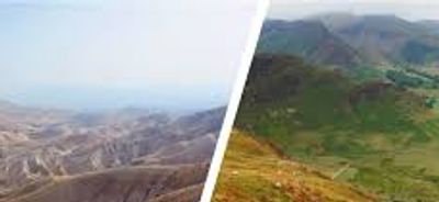 A split image of dry Judean wilderness and then the same area now green & lush representing change