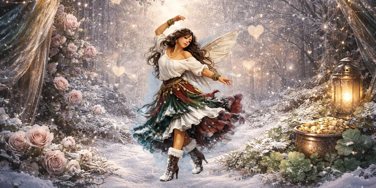 Graceful fairy woman dancing in winter, wearing a white blouse and flowing skirt in a snowy forest.