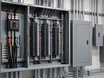 Open electrical panel with circuit breakers and wiring inside a utility room.