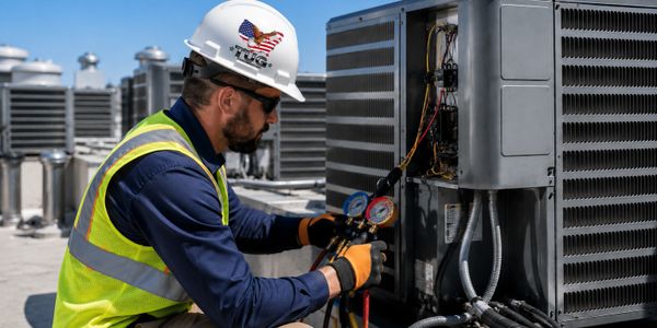 Technician inspects and repairs rooftop HVAC unit with gauges and tools.