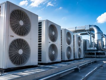 Row of industrial HVAC units installed on a rooftop under a blue sky.