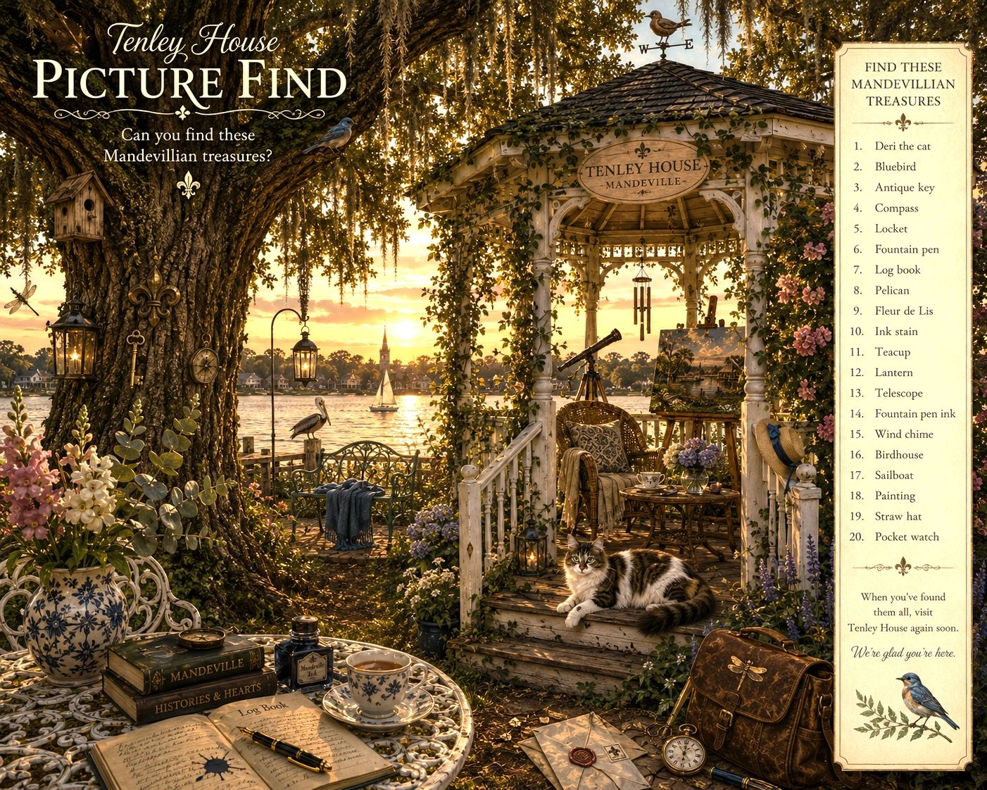 Cozy garden scene with a cat, sailboat, and hidden treasures by a lakeside gazebo.