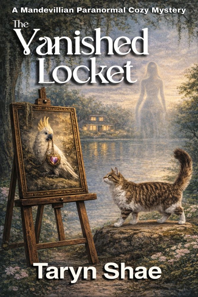 Book cover for The Vanished Locket by Taryn Shae, featuring a calico cat beside an easel painting of a cockatoo holding a jeweled locket, with Tenley House and a ghostly figure across the lake.