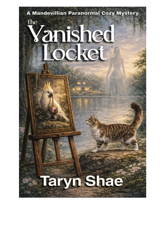Tenley House in the back with a ghost, Deri the calico, and canvas of a cockatoo with a locket. 