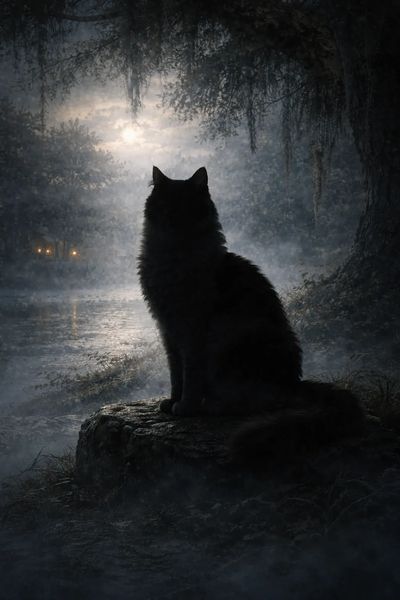 A watchful cat sits beside a misty lake beneath moss-draped oaks, echoing the quiet mysteries of Tenley House