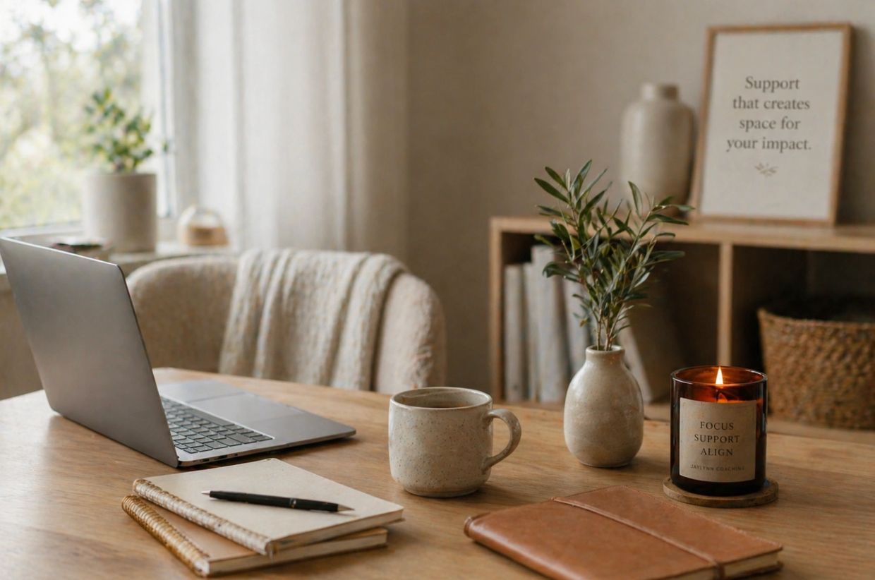 Desk with laptop, coffee, candle, notebooks and a small vase with a plant. 
