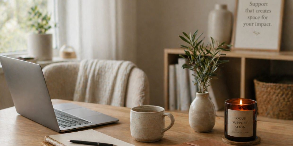 Desk with laptop, coffee, candle, notebooks and a small vase with a plant. 