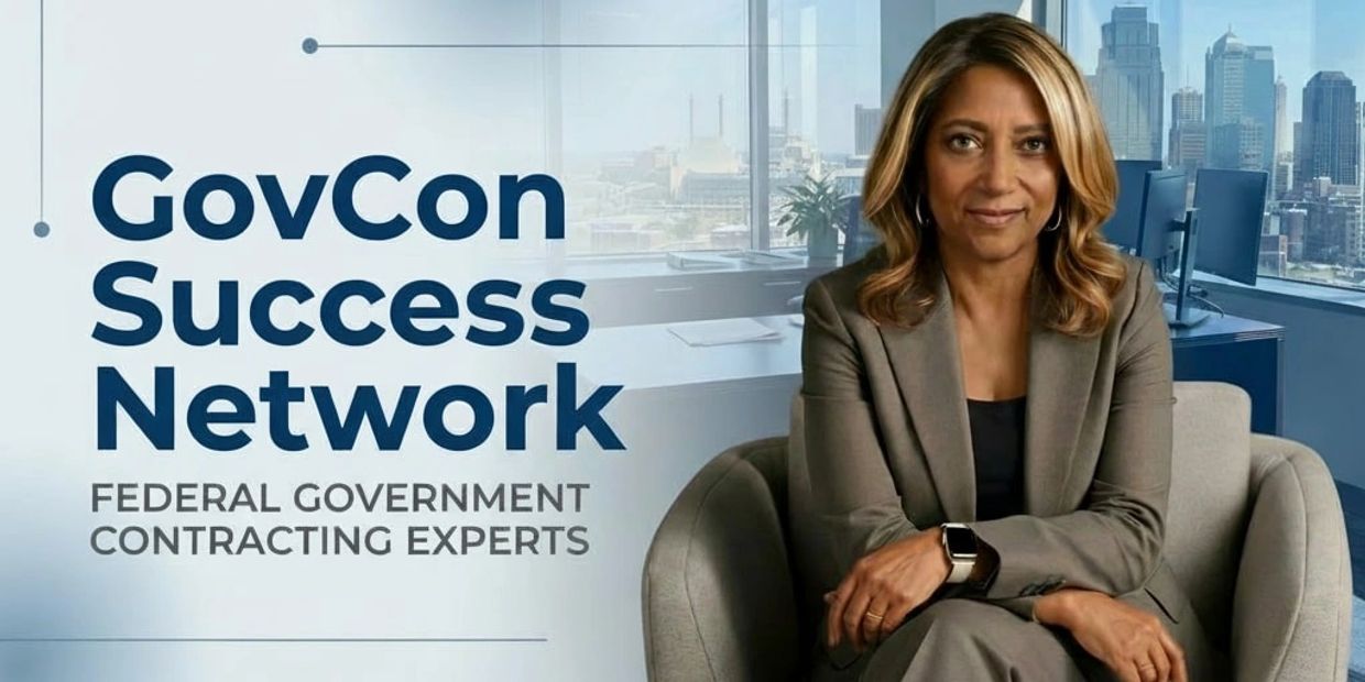 Professional woman in office promoting GovCon Success Network for federal contracting experts.