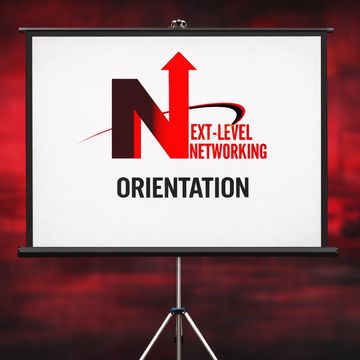 Projection screen showing 'Next-Level Networking Orientation' with an upward arrow.