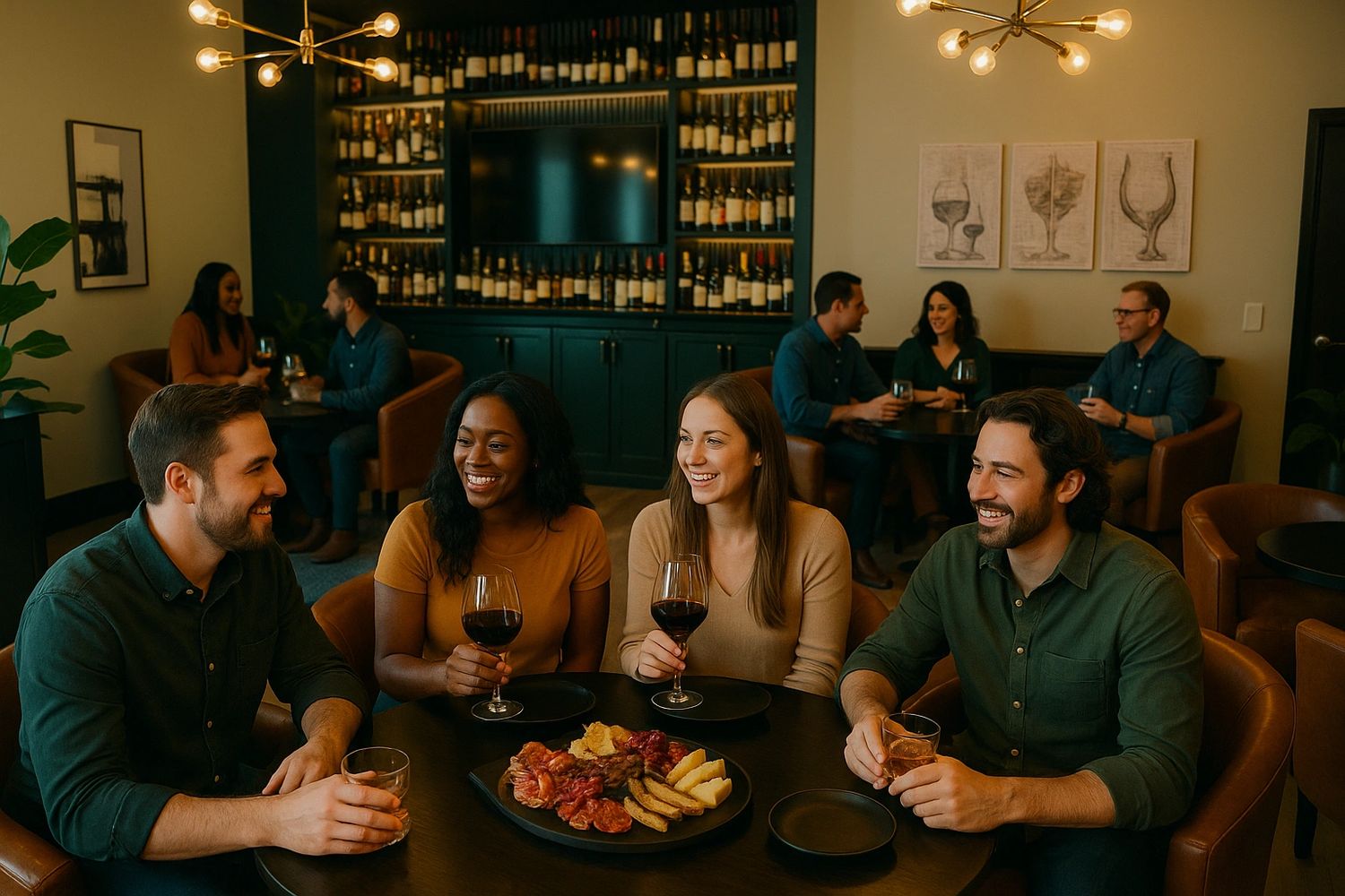 Friends enjoying wine and charcuterie in a cozy wine bar.