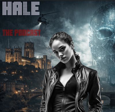 Dark, futuristic podcast cover with a woman, alien figure, and cityscape at night.