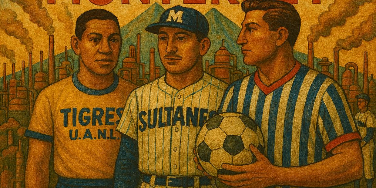 Three athletes from different sports stand together with an industrial backdrop.