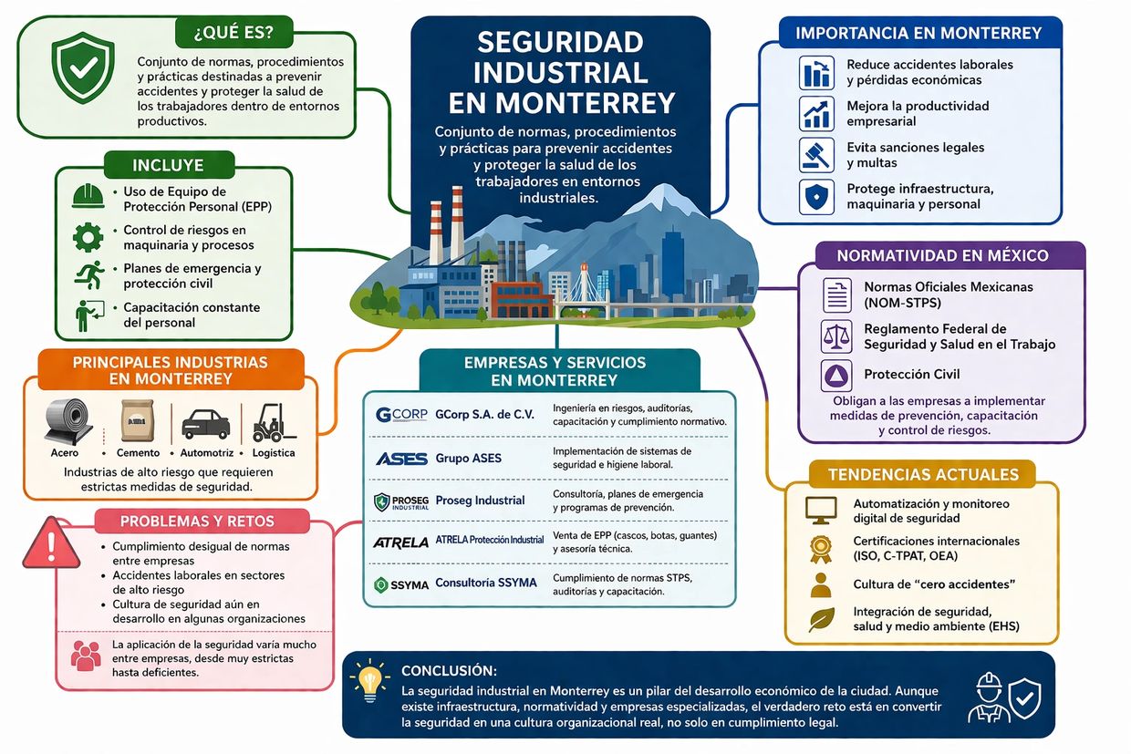 Infographic explaining industrial safety in Monterrey, its importance, challenges, and key industries.