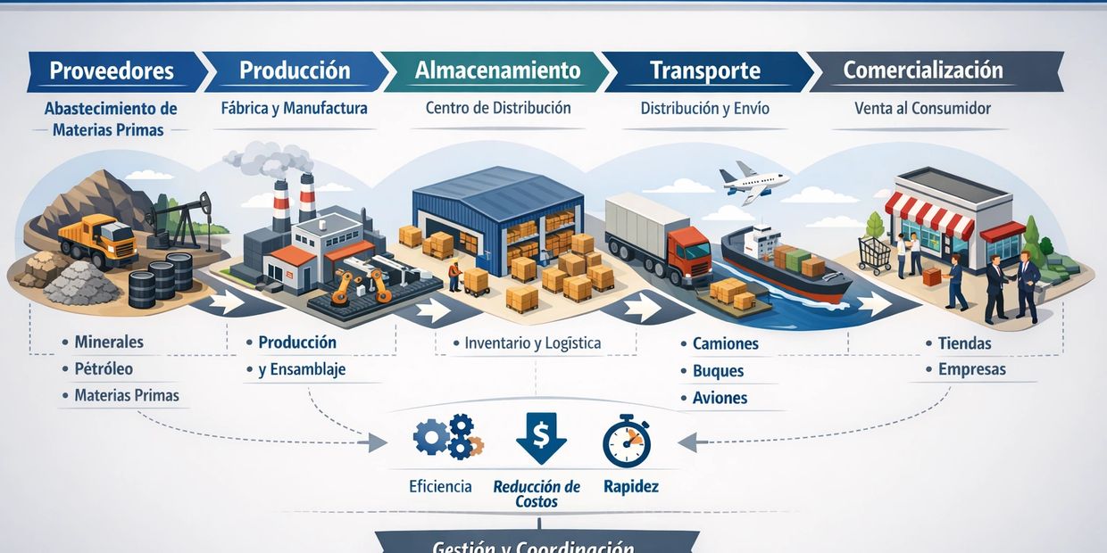 Diagrama del proceso logístico desde proveedores hasta comercialización.