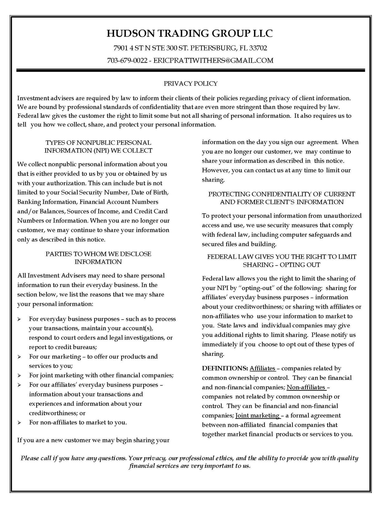 Privacy policy notice from Hudson Trading Group LLC about client information and data sharing.
