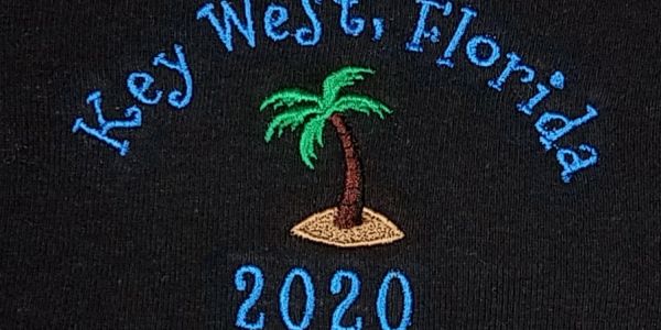 Embroidery of a palm tree with 'Key West, Florida 2020' text.