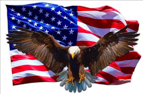 A bald eagle flying in front of the American flag.