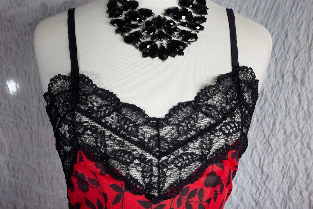 Striking scarlet red and black floral print Perlon and black lace detail  1960's vintage full slip