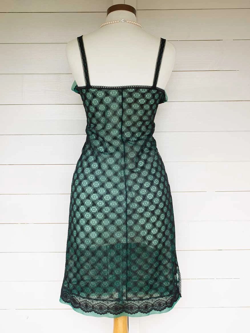 Seductive sheer double layer flimsy emerald green Perlon with sexy black  floral net lace overlay detail