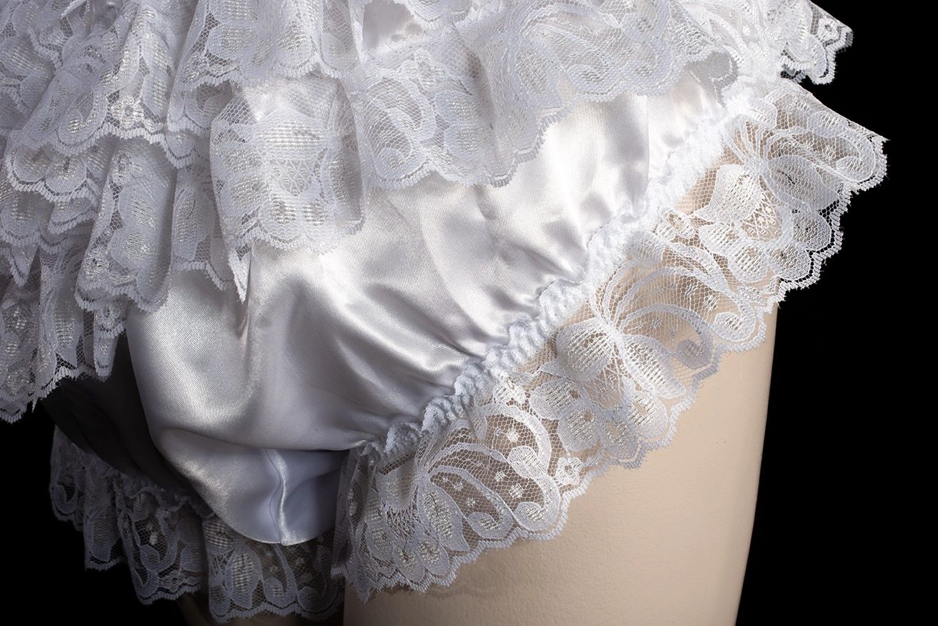 Meet 'Angelina', our new frilly panties in shiny white satin.