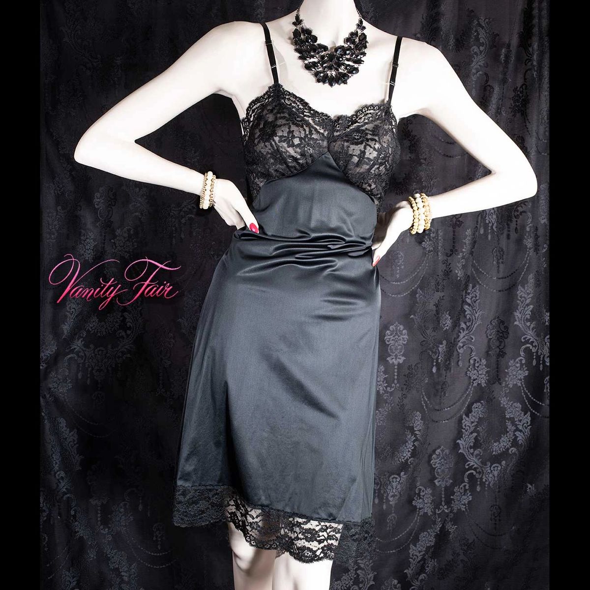 Desirable 'Vanity Fair' incredibly silky soft tactile glossy black tricot  nylon with luxurious matching floral net lace detail 1960's vintage full  slip