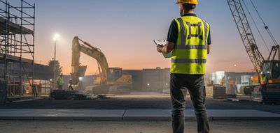 A construction worker oversees a site at dusk with machinery and scaffolding.