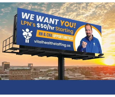 Mark Kloster, a vibrant and fun employee here at Vital Health Staffing, has his own billboard in Far