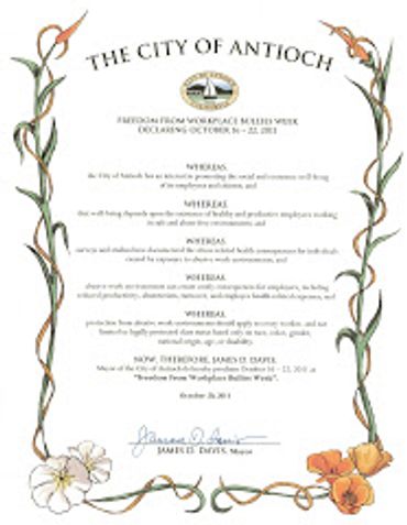 A Proclamation from the City of Antioch to make their workplace bully free for a week