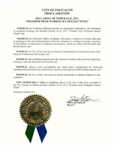 Proclamation from the City of Palo Alto for a week of bully free behavior.