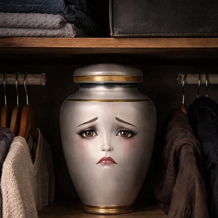 A sad-faced urn placed on a closet shelf among clothes and sweaters.