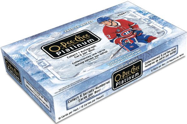 O-Pee-Chee Platinum 2025-26 hockey card box featuring a player in a red jersey.