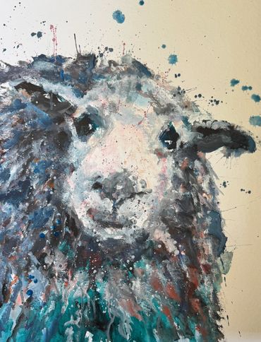Abstract watercolor painting of a sheep with splattered paint effects.