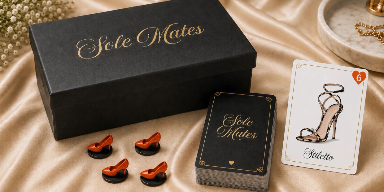 Sole Mates shoe-themed card game with box and mini shoes.