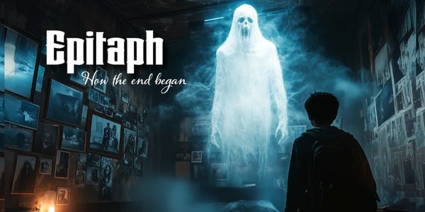 Ghostly figure confronts a boy in a dark room.