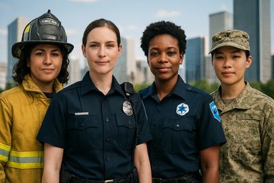 Group of female first responders looking friendly and stoic with a cityscape background. 