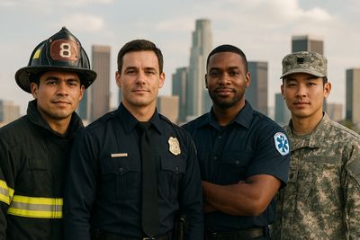 Group of male first responders looking friendly and stoic with a cityscape background. 