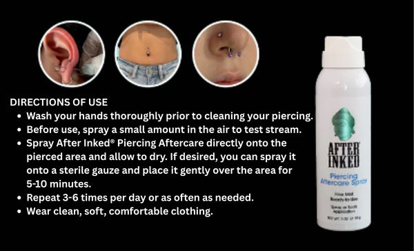 Piercing aftercare spray with usage instructions and piercing examples.