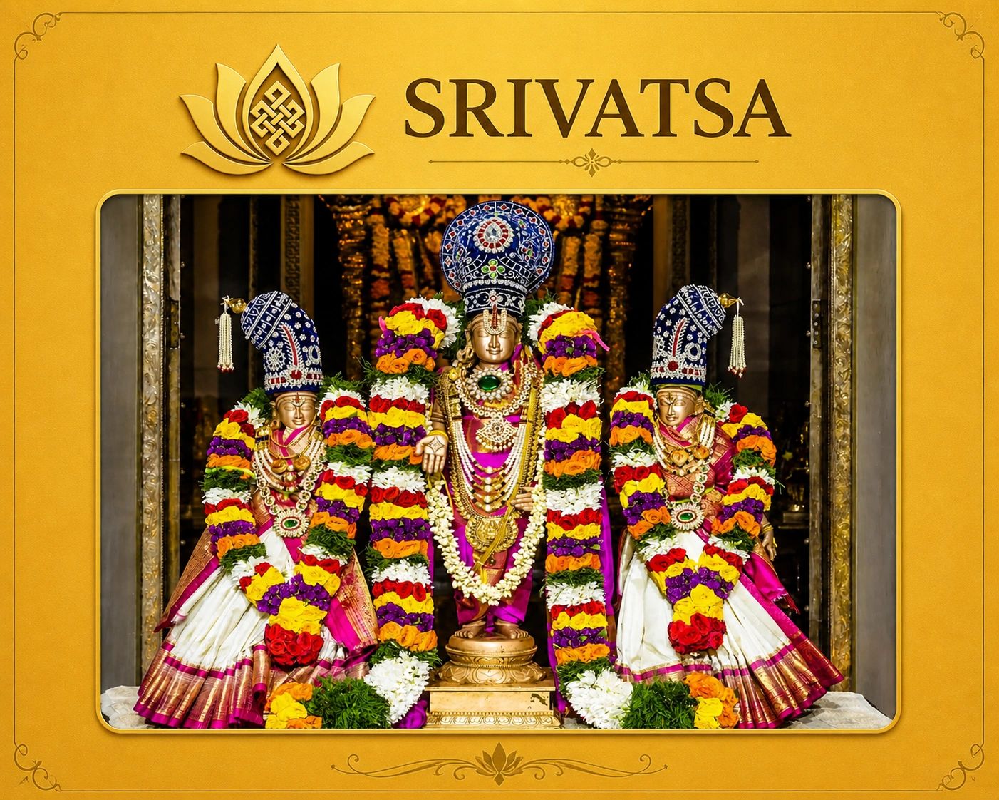 Ornate Hindu deities adorned with vibrant flower garlands and traditional attire under the title 'SRIVATSA'.