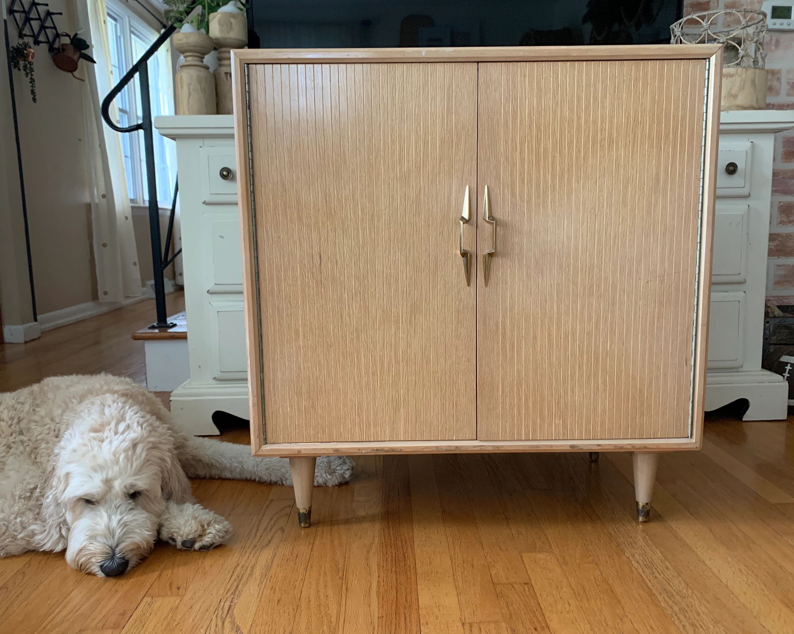 Boho Style Slim Tall Cabinet with Rattan Door, Mid Century Modern