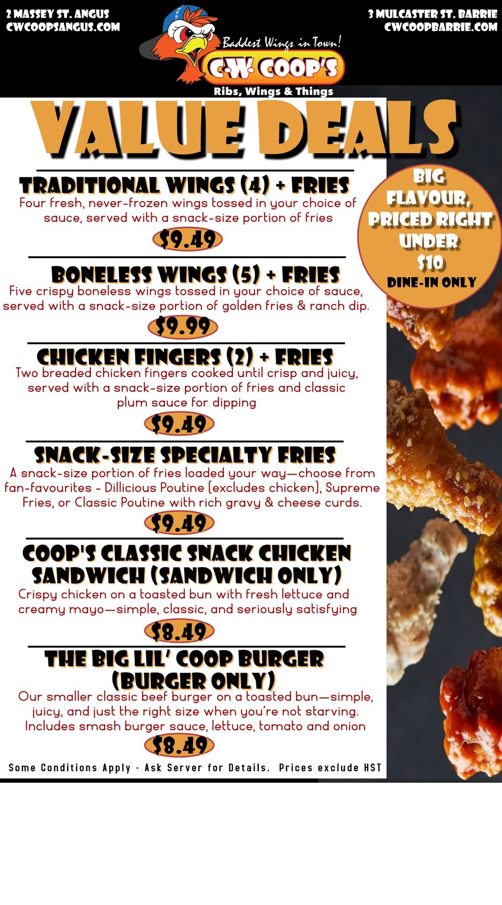 A CW Coop’s “Value Deals” promo poster featuring snack-size menu specials priced under $10 (dine-in 