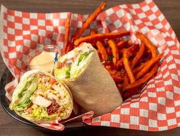 Chicken cobb wrap with sweet potato fries