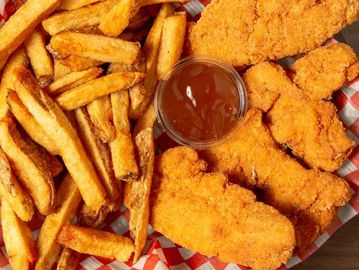 Chicken fingers and fries with plum sauce